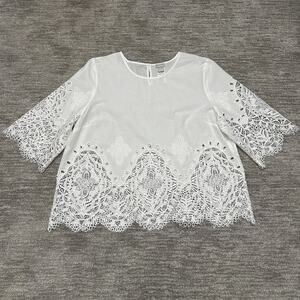Chico's Shirt Womens 4 White Lace Embroidered Floral 3/4 Lightweight Sheer